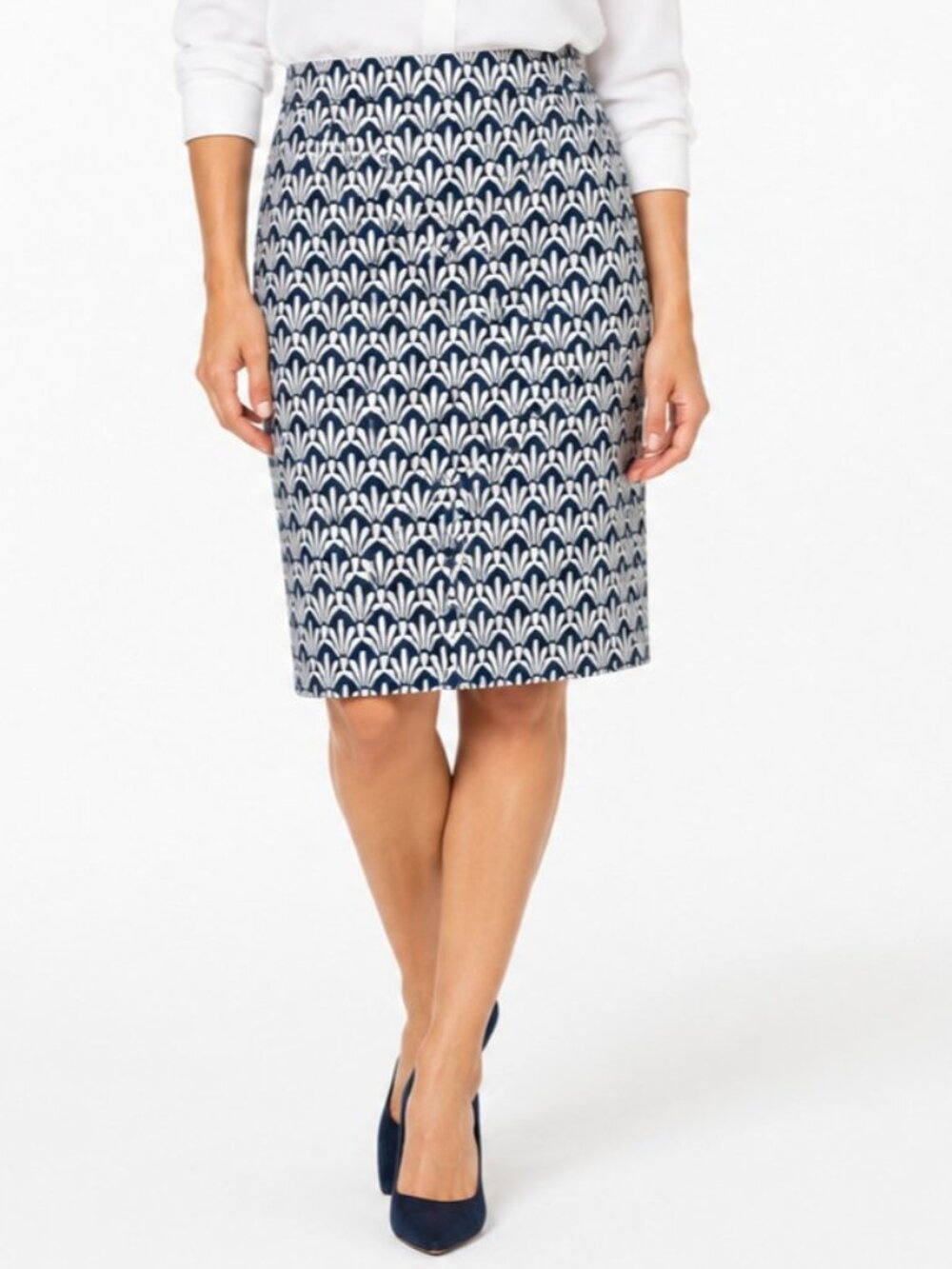 Talbots Skirt Size 2 Navy White Geometric Print Pencil Skirt Lined Stretch